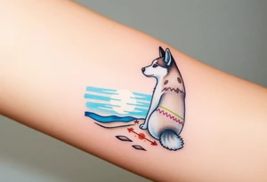 smALL HUSKY LOOKING AT A TRIBAL MOON STANDONG IN THE SAND IN THE SEA WITH THE CONSTALATION OF SAGITARIUS PUT COLOR ADD ARROW, MAKE HUSKY WHITE WITH BROWN SPOTS tattoo idea