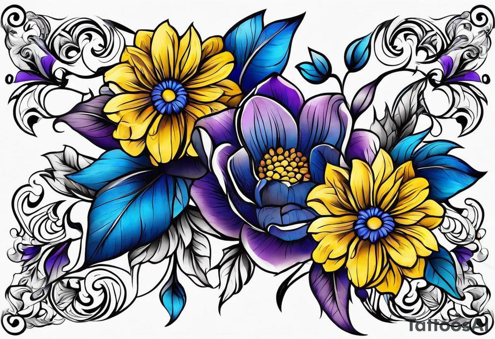 Blue yellow and purple flowers arm sleeve tattoo idea
