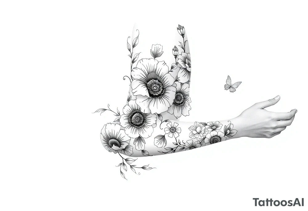 Doodles full sleeve with flowers. Not perfect lines. tattoo idea