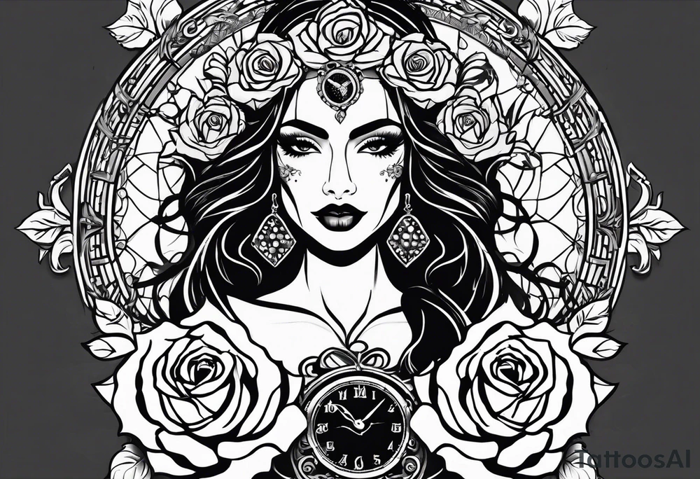 Hispanic/ Latin  woman GODDESS with half skull face, roses, loving heART, strength to move forward cancer zodiac , small clock on face tattoo idea