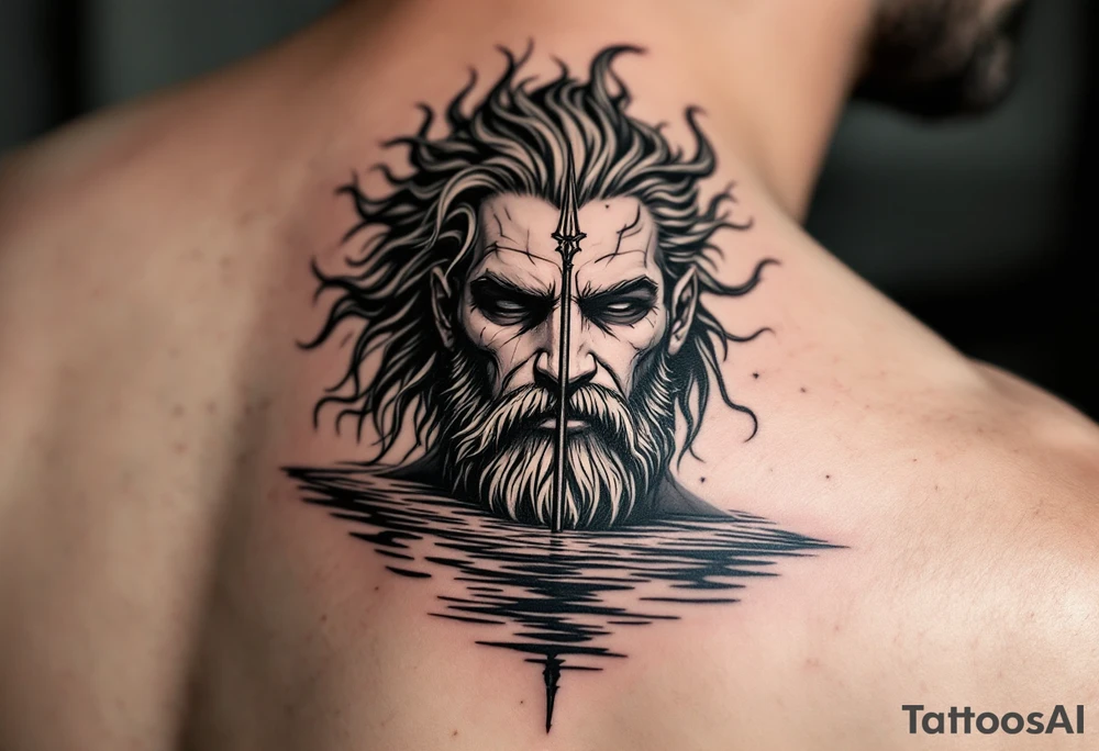 poseidon with trident half way in calm water tattoo idea