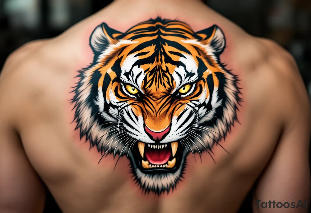 A snarling tiger with piercing yellow eyes, fur detailed in deep orange, white, and jet black stripes include shadows as well tattoo idea