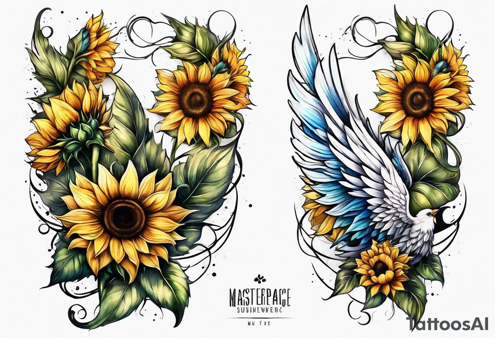 Sunflowers and angel wings leg sleeve tattoo idea