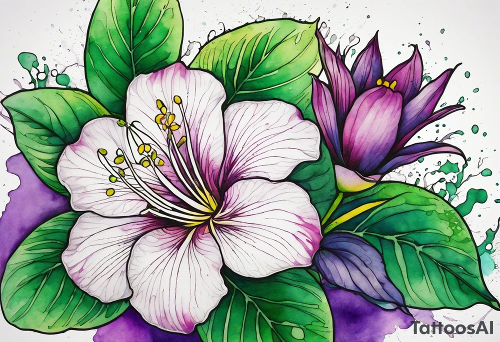 An outline of an only green rio dipladenia flower and a green/purple watercolor splash in the background tattoo idea