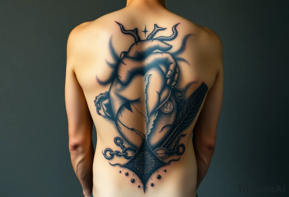 Design a full back tattoo that represents the struggles of betrayal, financial loss, relationship breakup, loss of job, loss of self, and death of a loved one, inspired by Greek mythology and art. The tattoo should be reminiscent of a Greek painting, particularly illustrating the trials of Hercules. Each struggle should be depicted as a symbolic labor, with each one portrayed as a scene on the back. For example:

Betrayal: A scene of a broken, jagged heart surrounded by shadows, with a figure turned away in mistrust.
Financial Loss: A treasure chest overturned, with coins spilling out, and a figure kneeling in despair.
Relationship Breakup: Two intertwined figures tearing apart, with one side showing broken chains or a shattered heart.
Loss of Job: A man in tattered clothing, walking away from a ruined, burning building.
Loss of Self: A figure looking at their shattered reflection in a broken mirror, symbolizing identity lost.
Death of a Loved One: A scene of a person in mourning, standing by a grave, with a winged figure representing the spirit of the deceased.
Ensure the design has an ancient, classical Greek aesthetic, with detailed lines, natural poses, and a narrative flow, similar to the style of ancient Greek pottery or frescoes." tattoo idea