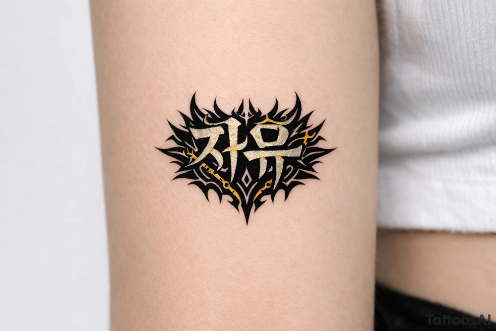 free written in korean with kpop demon hunters patterns, have it evoke the styling of korean writing and incorporate golden joinery less symetrical make it more demoniczne tattoo idea