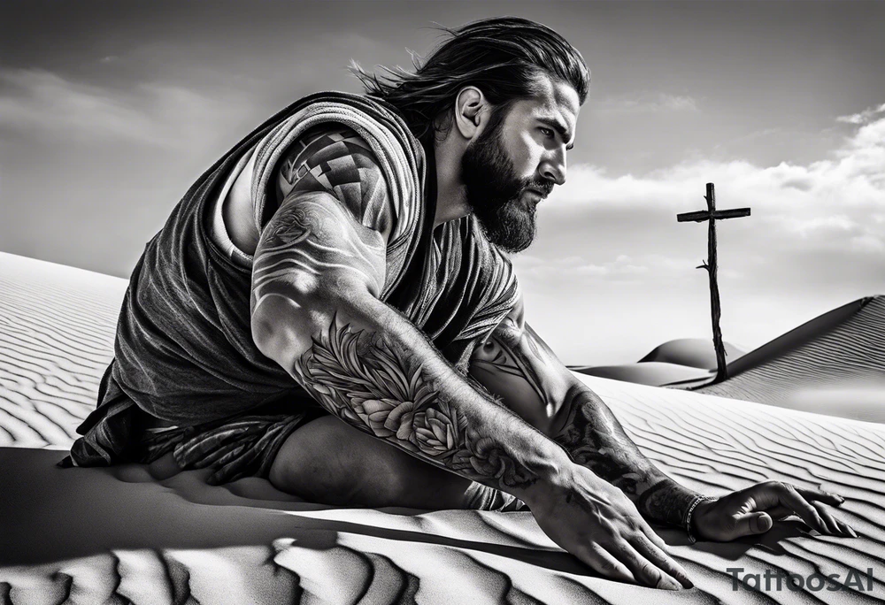 man crawling in a desert toward the cross of Christ tattoo idea