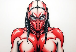 powerful female dominatrix wearing a red latex catsuit and full facemask in a bdsm dungeon tattoo idea