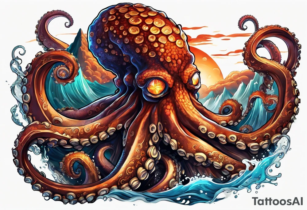 Octopus volcano bridge tattoo idea