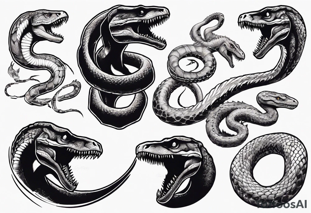 Huge prehistoric snake fighting T rex tattoo idea
