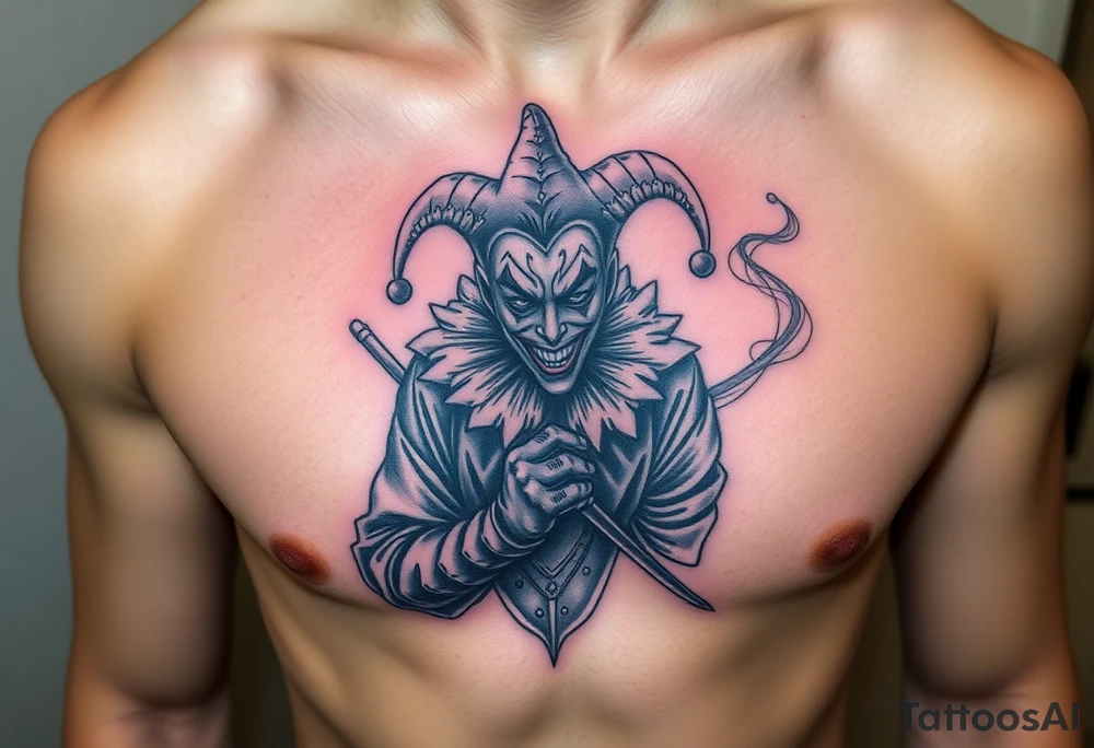 jester in a fog of smoke tattoo idea