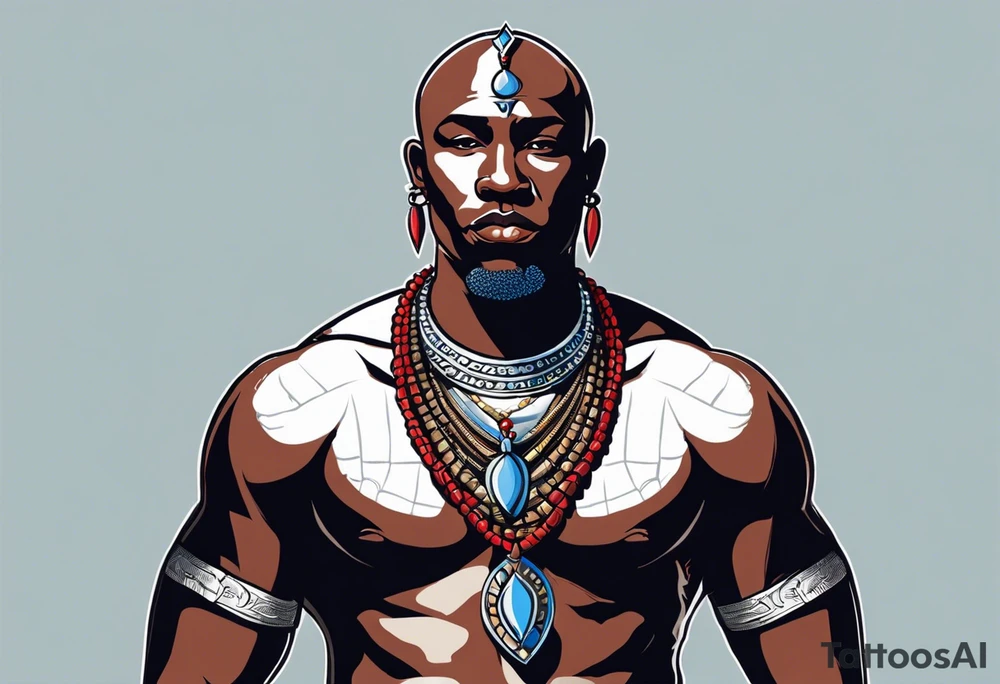 Black-skinned bald african warrior. He wears a simple and small silver crown. He uses two simple necklaces: one blue, other red. He has cowry shells in his crown tattoo idea