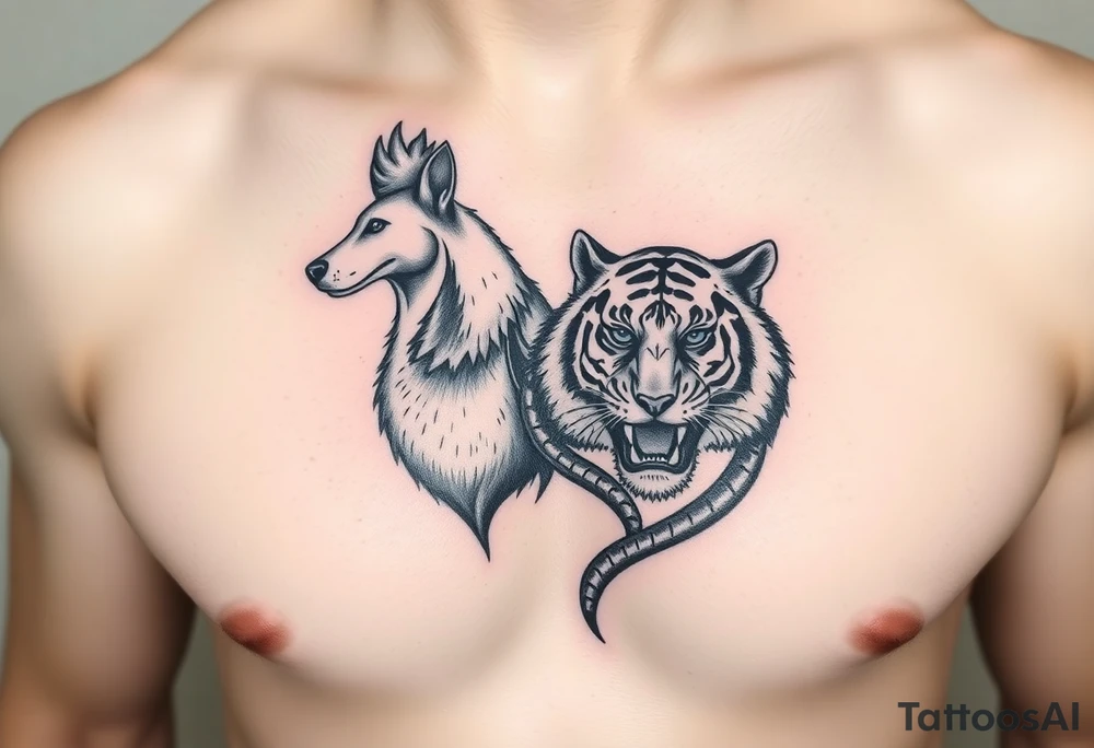chest tattoo of dog rooster and tiger together tattoo idea