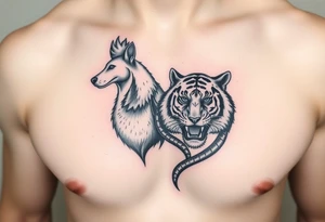chest tattoo of dog rooster and tiger together tattoo idea