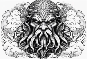 Cthulhu face surrounded by storm clouds with white lightning, tentacles and clouds wrapping around forearm tattoo idea