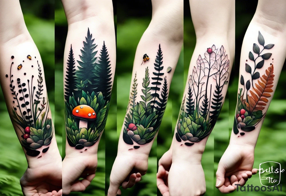 forest floor inspired minimalist tattoo, which includes grass, curly ferns, moss and dead leaves as the bulk of the tattoo. details to include: forest berries, a tiny bumblebee flying nearby, three small brown mushrooms
Generate a vertically long one tattoo idea