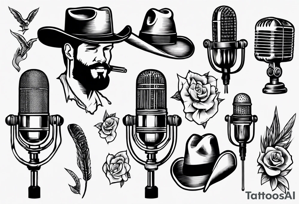 Old school broadcast microphone with cowboy hat on top tattoo idea