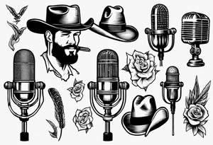 Old school broadcast microphone with cowboy hat on top tattoo idea