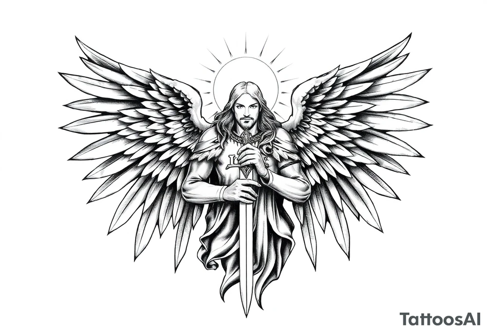 Holy Archangel, Biblical, Christianity, Archangel Michael, Hebrew, Guards of Christianity, Holding a sword, having six wings, seraphim, faceless tattoo idea