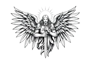 Holy Archangel, Biblical, Christianity, Archangel Michael, Hebrew, Guards of Christianity, Holding a sword, having six wings, seraphim, faceless tattoo idea