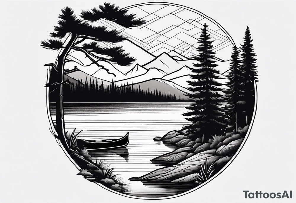 Path to lake by pine tree with canoe tattoo idea