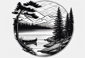 Path to lake by pine tree with canoe tattoo idea