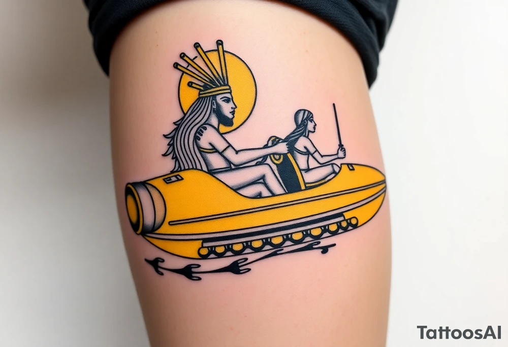 "Anubis driving a yellow Uber-styled solar barge.  
Passengers:  
- Голый Пикассо (из «Ампир V»)  
- Алиса (с табличкой 'Аид – 5★')  
Meter reads: *'SOUL: 4.8 rating (would not reincarnate)'*.  

Style: Urban hieroglyph. Black/yellow. Calf." tattoo idea