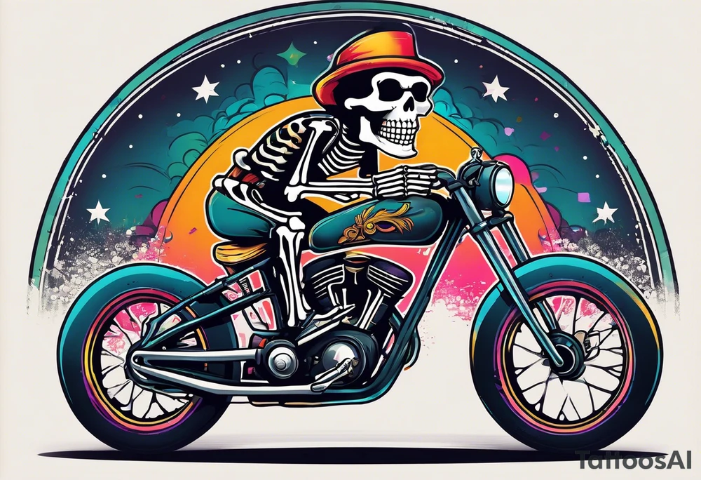 skeleton wearing 80s style licra and cap rides a racing bicycle. The skeleton is grinning at the viewer. There is no background image tattoo idea