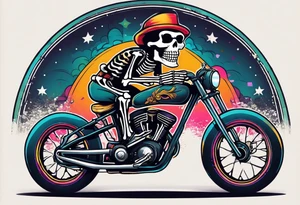 skeleton wearing 80s style licra and cap rides a racing bicycle. The skeleton is grinning at the viewer. There is no background image tattoo idea