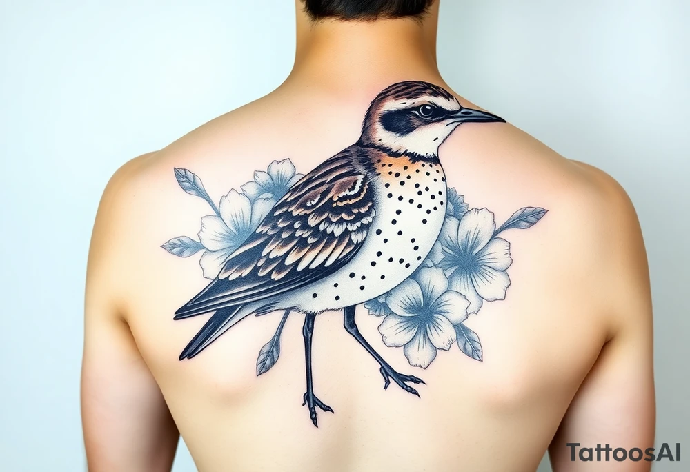 Female pacific golden plover (kolea) bird hawaiian flowers and lei in color detailed tattoo idea