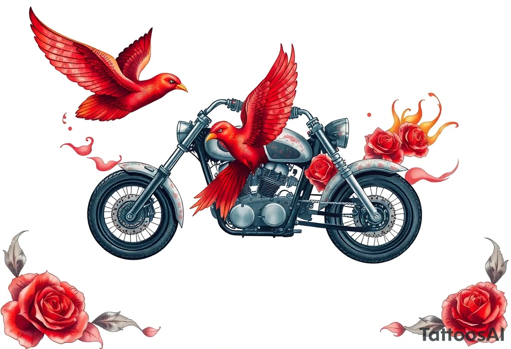 Motorcycle, red bird flying, roses and lace, flames tattoo idea