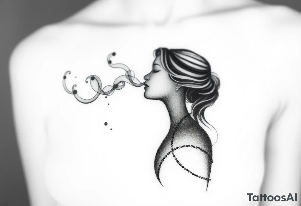 Black and gray tattoo design in fine line and soft shading style, depicting an abstract female silhouette in profile, elegant and poetic. From her chest, fluid and smoke-like shapes flow outward, symbolizing emotional healing, self-acceptance, and breathing oneself back to life. The design should feel ethereal and dreamlike, with delicate dots, subtle gradients, and graceful movement. No flowers, no butterflies, no geometric patterns. The composition should be around 7–8 cm in proportion, suitable for an arm placement, with a clean and feminine aesthetic but full of emotion and symbolism. tattoo idea