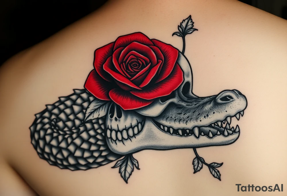 the Tudor rose at the center, all crimson petals edged in black velvet thorns, blooming right out of the skull’s eye socket like it’s growing from his bones. The skull’s grinning, but soft—like he’s in on the joke. And the alligator? He’s coiled around the whole thing, tail curling under the jaw, jaws open just enough to show teeth that look... almost tender. Like he’s protecting it. Or about to eat it.
Maybe a little mist, some ivy creeping up the spine of the rose. Dark greens, deep reds, charcoal shadows. No brights—just that old, heavy velvet feeling. tattoo idea