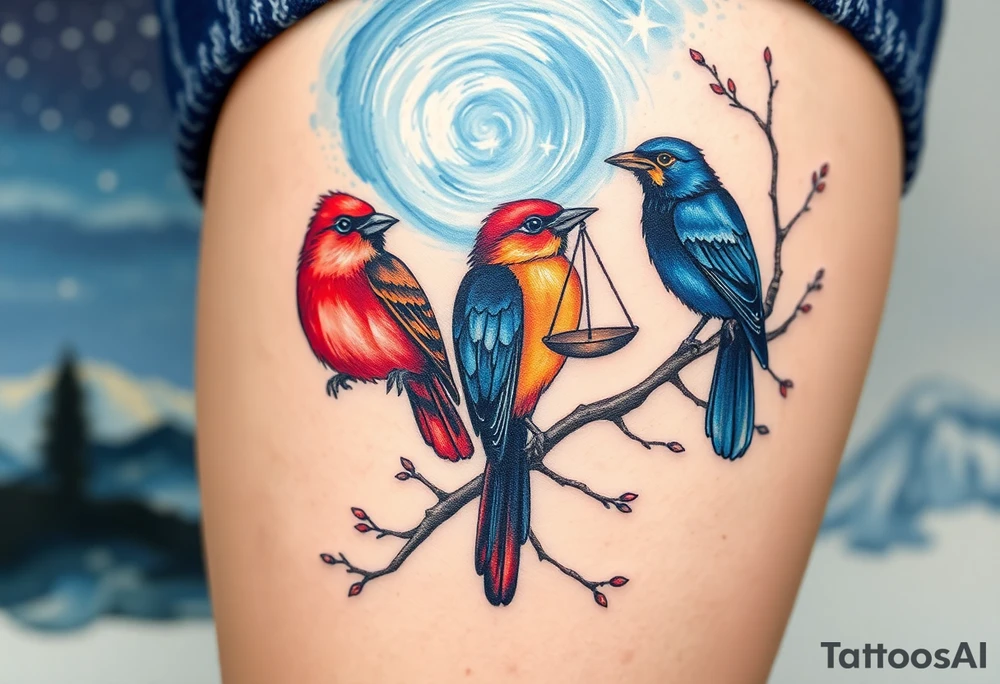 2 birds as the focus, 1 red bird in a suit, 1 navy blue bird with glasses, scales of justice in a tree, starry night painting and mountain background tattoo idea