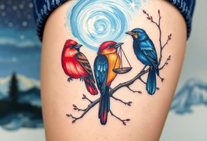 2 birds as the focus, 1 red bird in a suit, 1 navy blue bird with glasses, scales of justice in a tree, starry night painting and mountain background tattoo idea