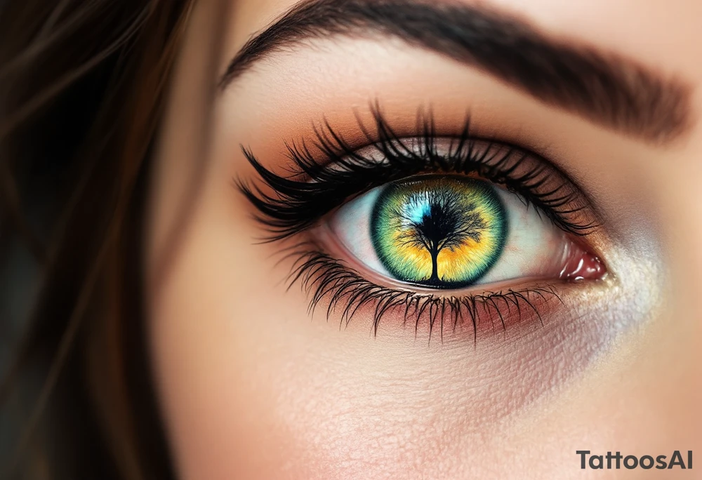 A hyper-realistic eye with a tiny tree reflection, detailed in deep green, honey brown, and icy blue hues, creating a surreal effect. tattoo idea