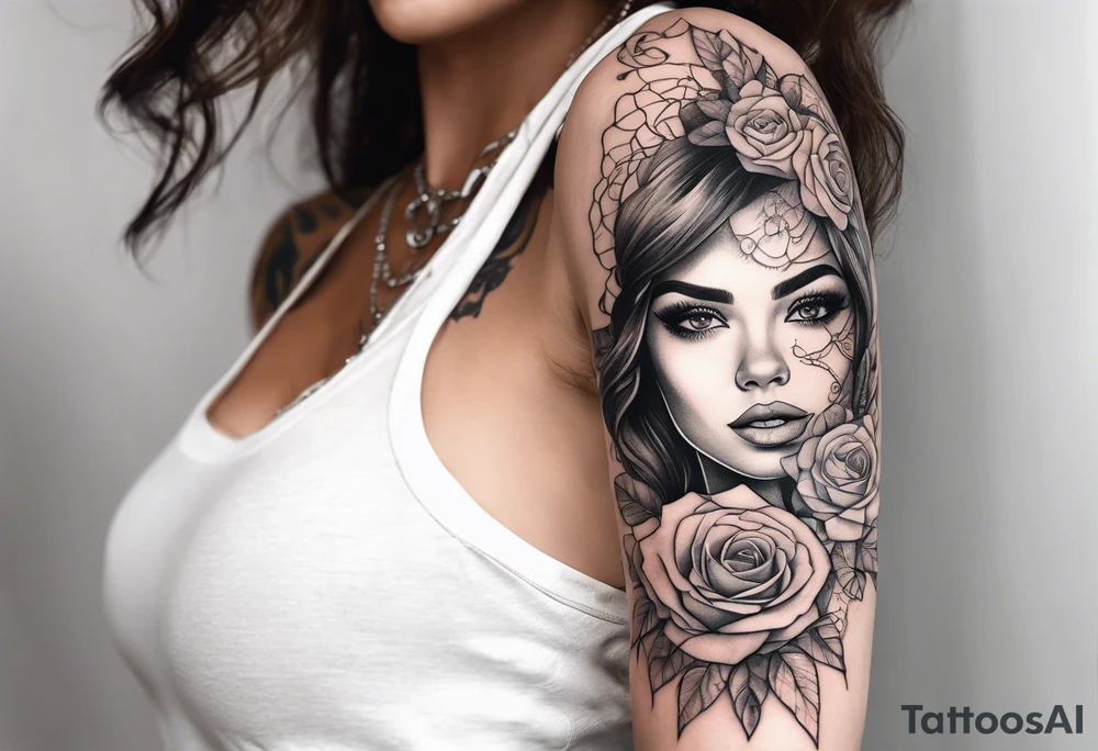 Sleeve with a pretty girls face lace rose and quote tattoo idea