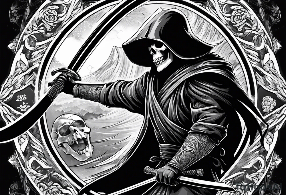 katana with grim reaper and skull tattoo idea