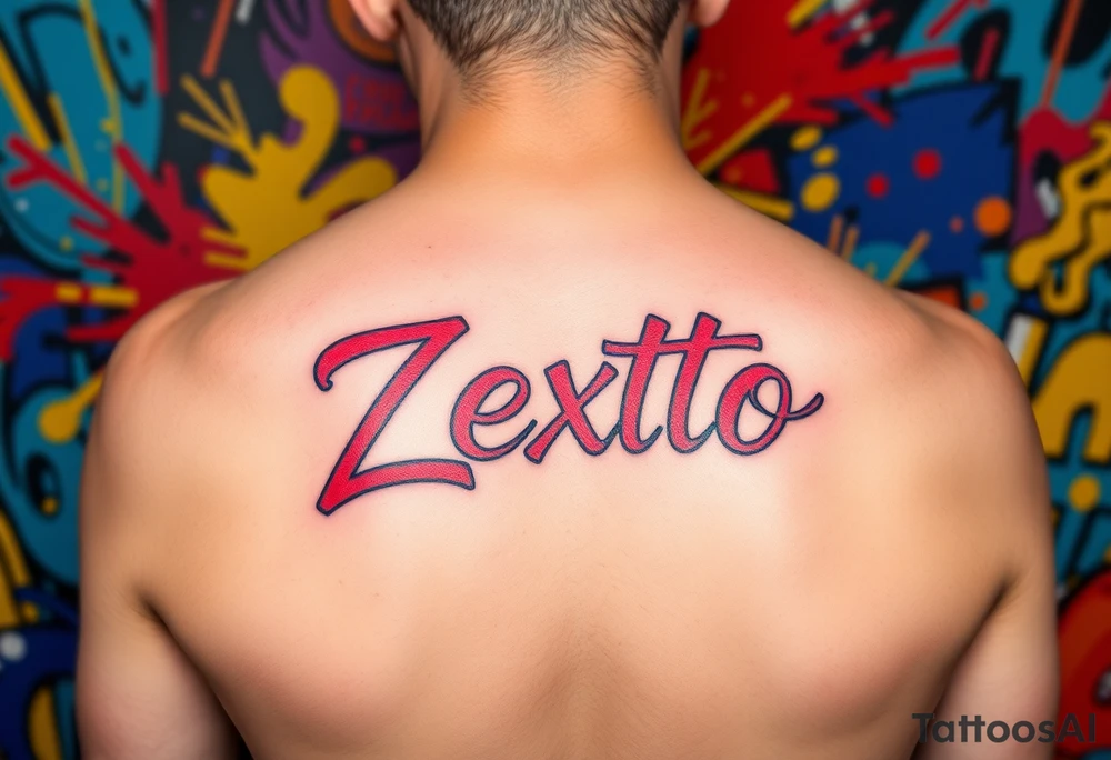 A bright colored graffiti style background with the name Zexto in script tattoo idea