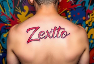 A bright colored graffiti style background with the name Zexto in script tattoo idea
