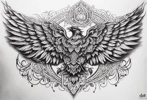 Large symmetrical upper back tattoo that has the main design in yhe upper middle with wings or similar things symmetrically coming down the back shoulders/sides tattoo idea