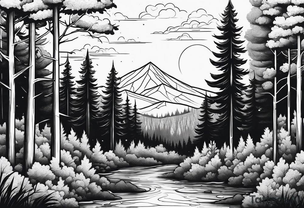 forest along the edges where the fires below and in the distance tattoo idea
