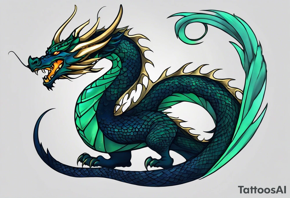 An epic with no wings, floating. Its long body coiling dynamically, with scales and horns detailed to create a sense of movement and strength. The dragon's main color is midnight blue but features little accents in dark green and gold, giving a vibrant depth and a mystical aura. This tattoo highlights the dragon’s fierce expression and sharp claws. tattoo idea