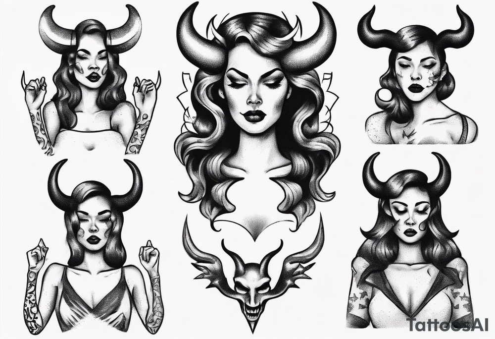 female dancing with devil horns tattoo idea