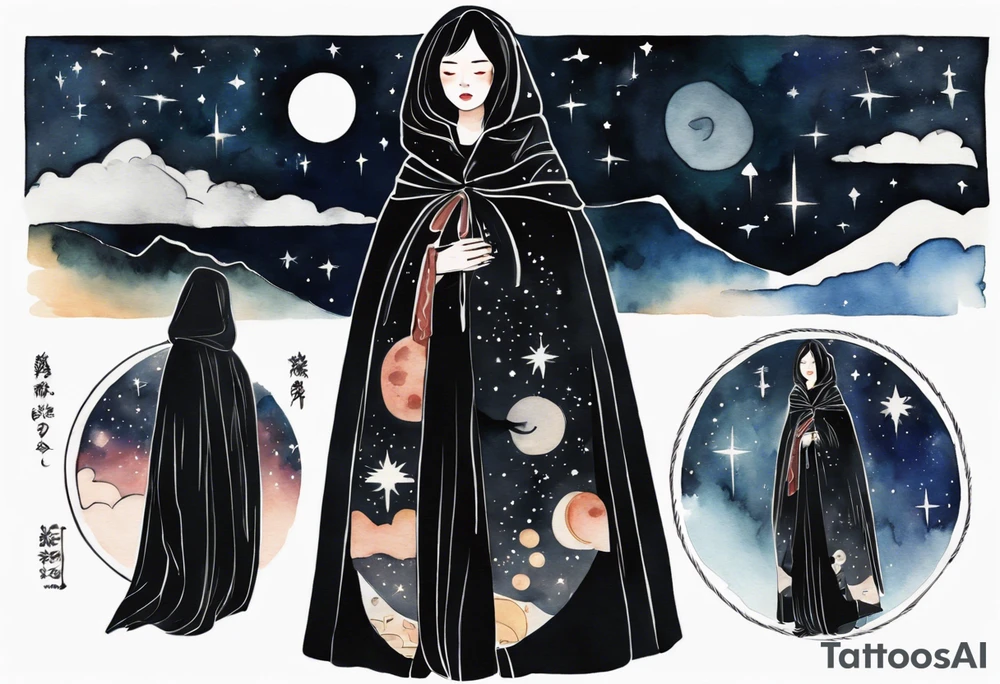 a beautiful 50-year-old Dakota woman wearing black cloak with the night sky in the background tattoo idea