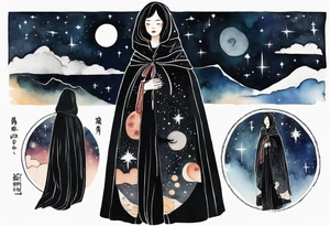 a beautiful 50-year-old Dakota woman wearing black cloak with the night sky in the background tattoo idea