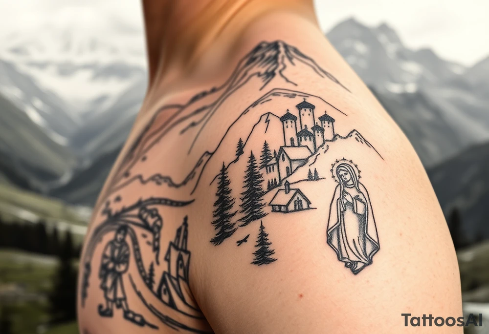 Mountainous valley with creek and a few trees with a Russian orthodox kazan scene covering my shoulder entering my upper arm with a Russian orthodox Virgin Mary tattoo idea