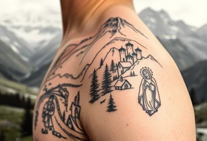 Mountainous valley with creek and a few trees with a Russian orthodox kazan scene covering my shoulder entering my upper arm with a Russian orthodox Virgin Mary tattoo idea