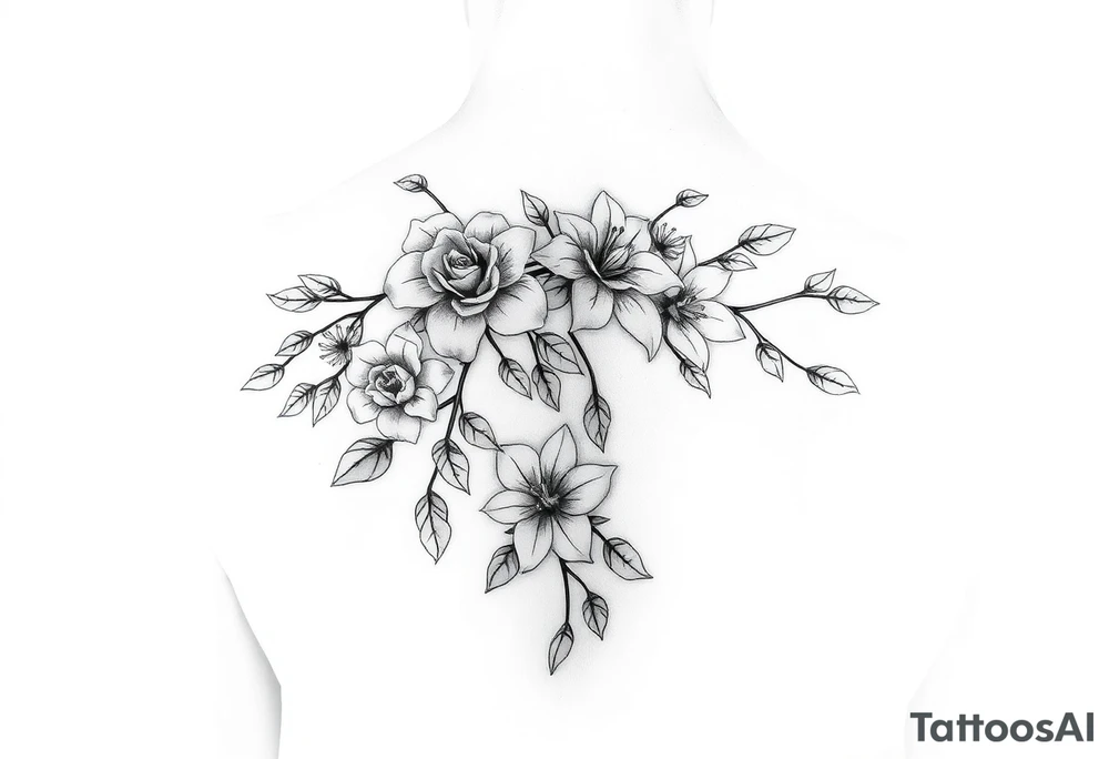 Orchard vines with roses and lilies on the arm tattoo idea