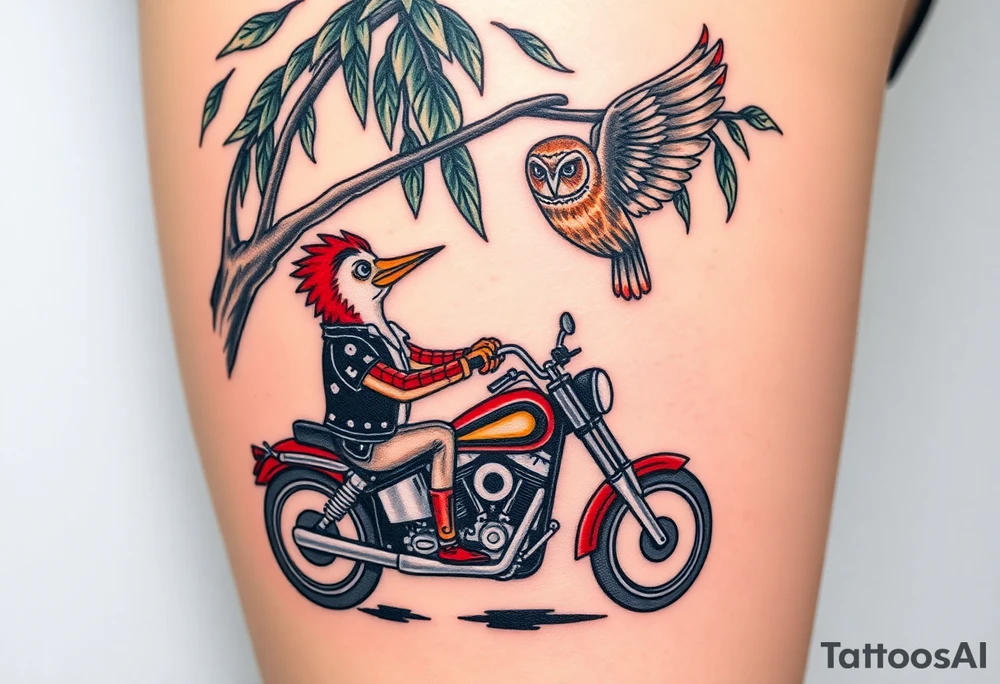 Woody the woodpecker wearing a leather vest that says peckerwoods, on a Harley Davidson under a willow tree, gazing in love at a barn owl tattoo idea